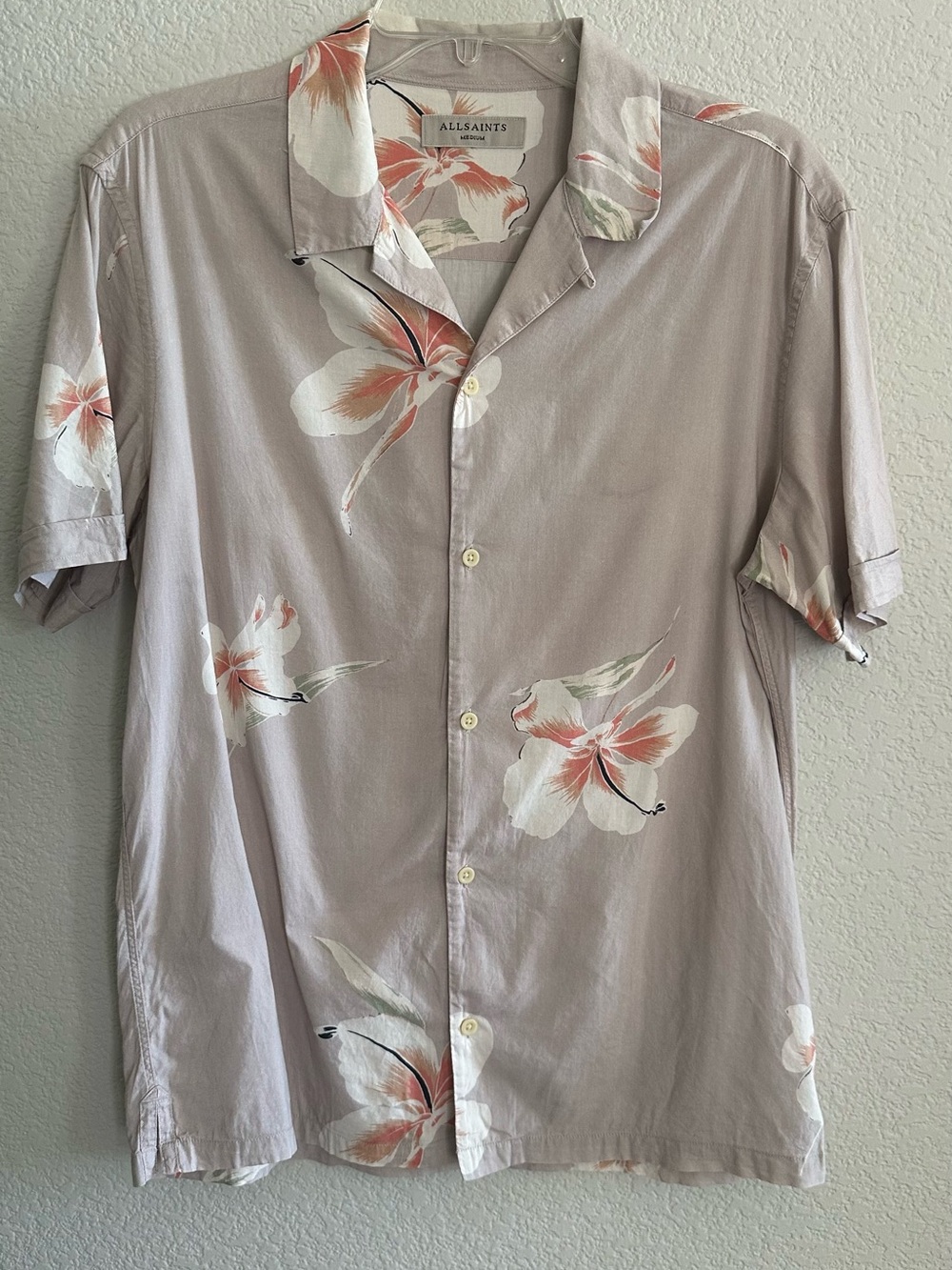All Saints Taupe Floral Short-Sleeve Button-Up Shirt